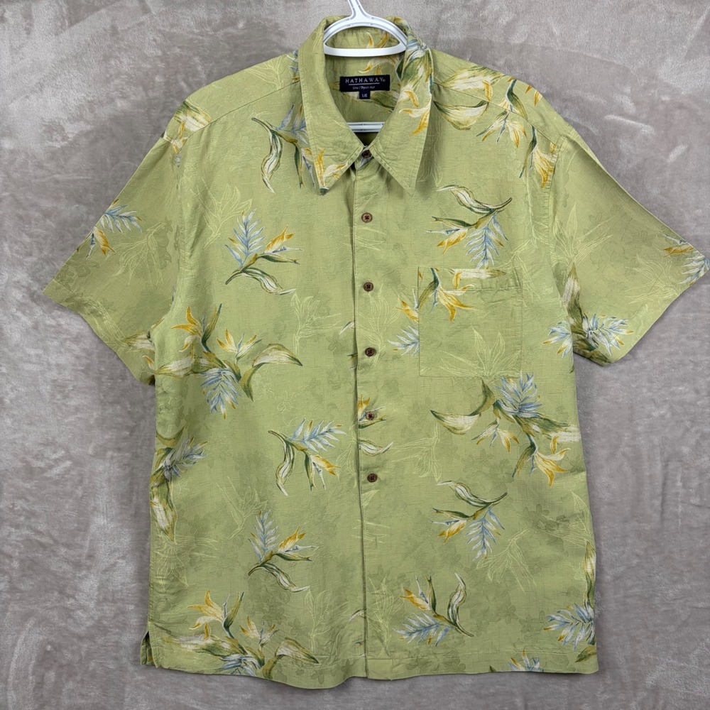 Hathaway Mens Green Silk Cotton Tropical Floral Short Sleeve Button Up Shirt L